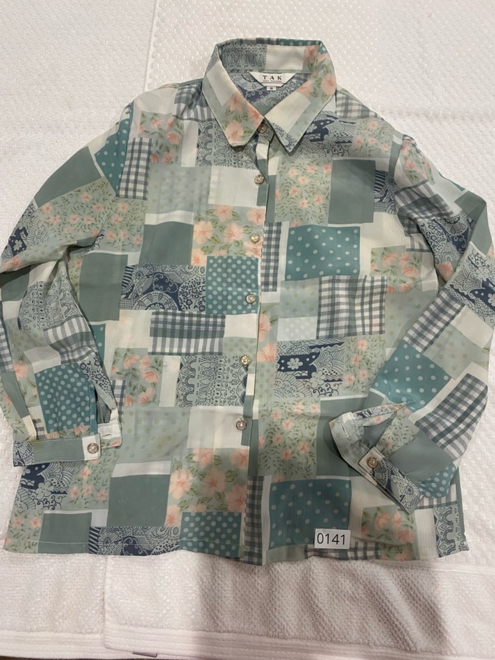 Sage Patchwork Print Button-Up Blouse